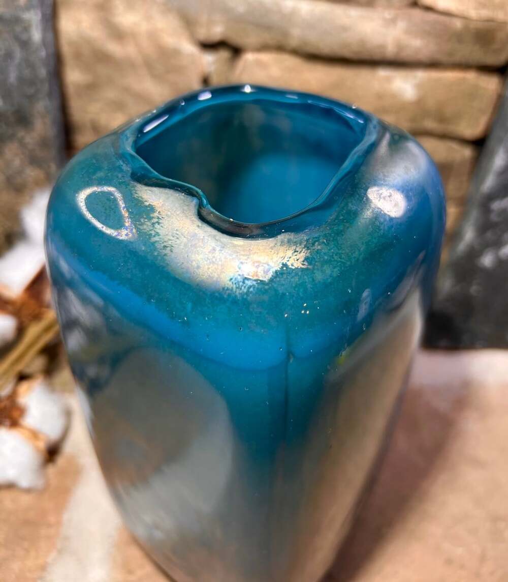 Teal green blown glass square round MCM vase glaze painted